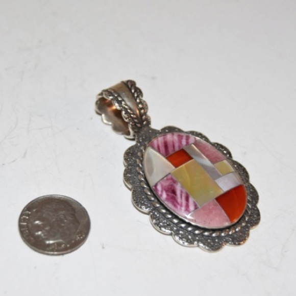 Vintage Carolyn Pollack Relios 925 Sterling Silver Inlaid Shell Ornate Pendant - Picture 2 of 3